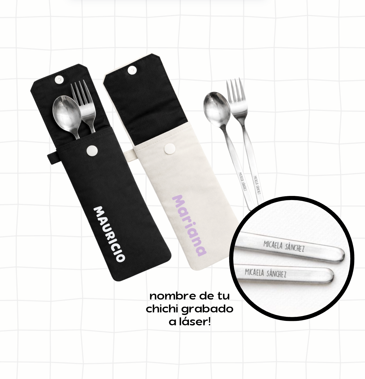 Cubiertos de acero grabado con nombre + estuche - B2 Scool