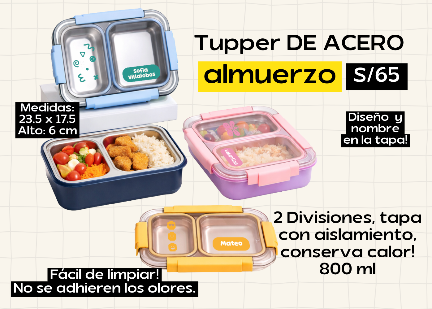 Tupper de acero para ALMUERZO (2 DIV) - B2 Scool